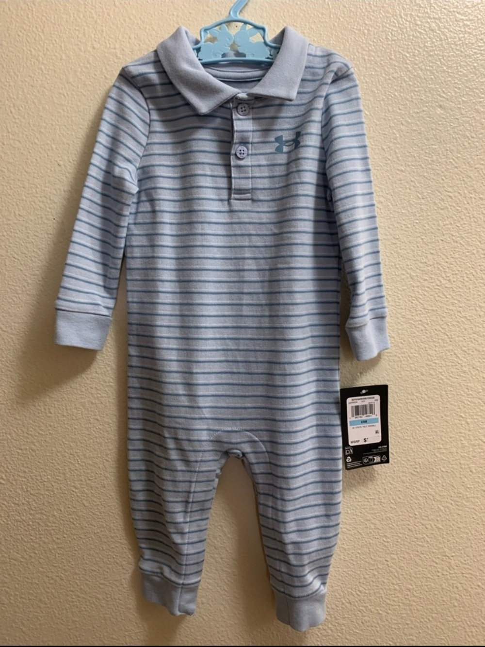 Under Armour Blue Striped Polo Coverall Romper 6-9 Months Snaps Pictures New Tag